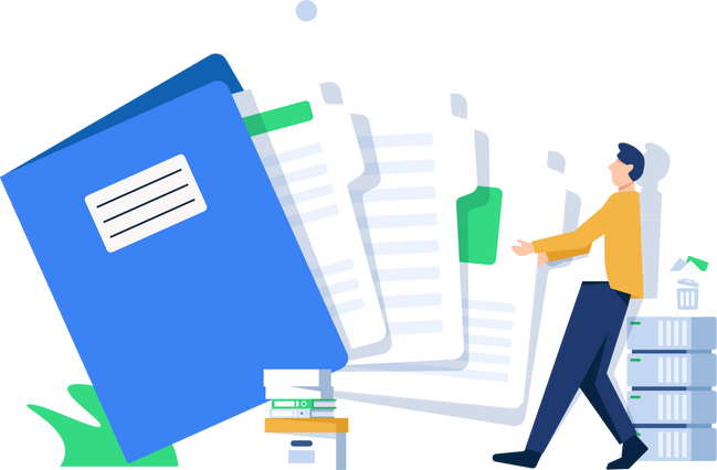 Office worker holding giant folder for storing papers. Modern concept of file management system, online document storage service